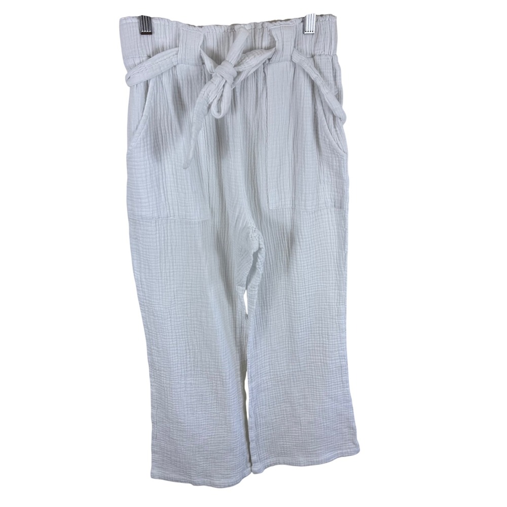 Sincerely Jules White Cotton Gauze Cropped Pants Elastic Tie Waist Beachy Medium